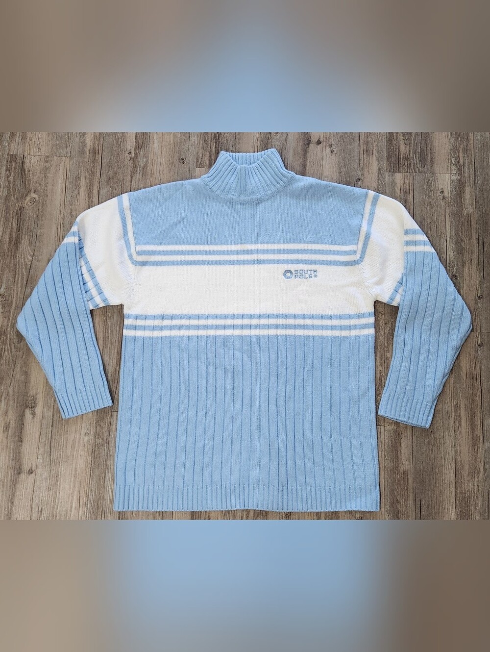 Vintage Y2K Southpole knit Mock Neck Striped Sweater light Blue Men Size XL